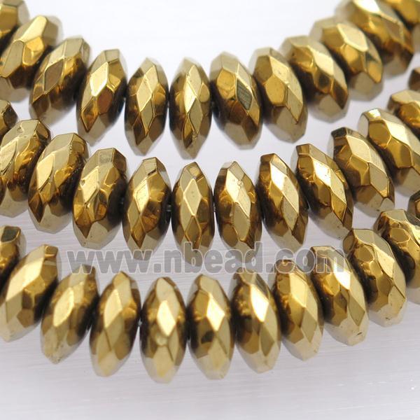 Hematite disc beads, faceted heishi, gold electroplated