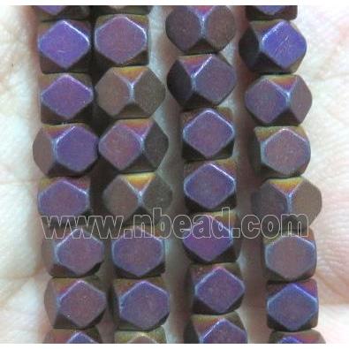 matte Hematite bead, faceted cube, purple electroplated
