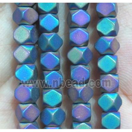 matte Hematite beads, faceted cube, rainbow electroplated