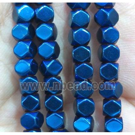 Hematite bead, faceted cube, blue electroplated