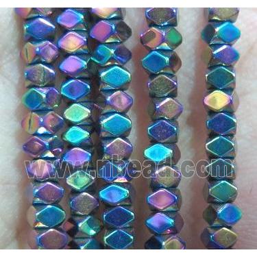 Hematite bead, faceted cube, rainbow electroplated