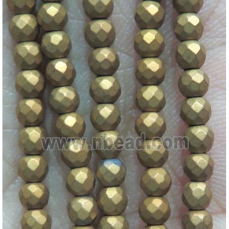 matte hematite beads, faceted round, gold electroplated