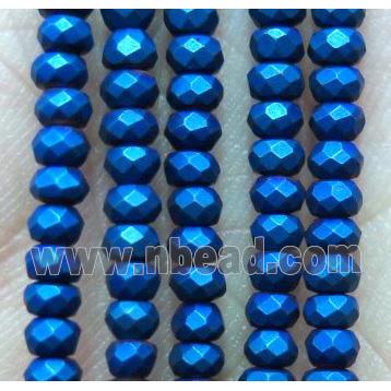 matte hematite beads, faceted rondelle, blue electroplated