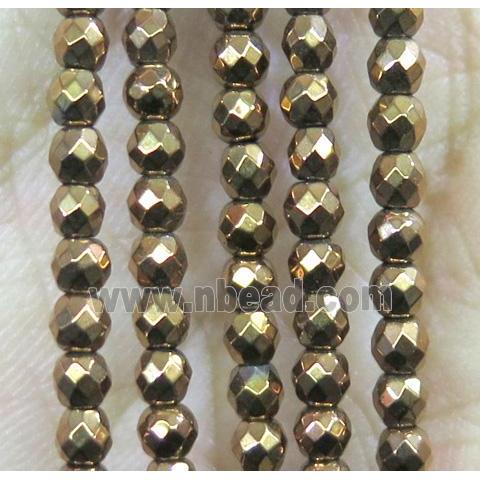 tiny hematite bead, faceted round, gold plated