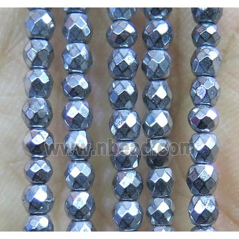 tiny hematite beads, faceted round, silver plated