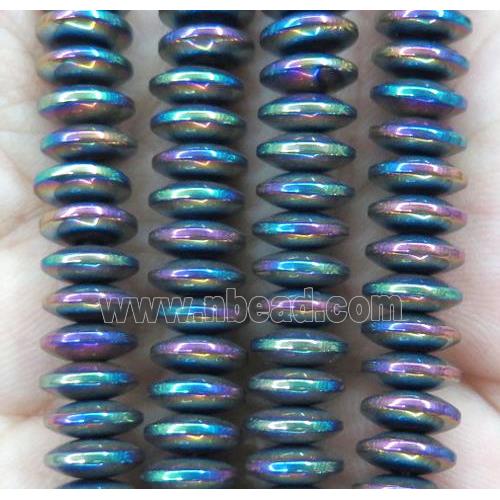 hematite disc heishi beads, rainbow electroplated