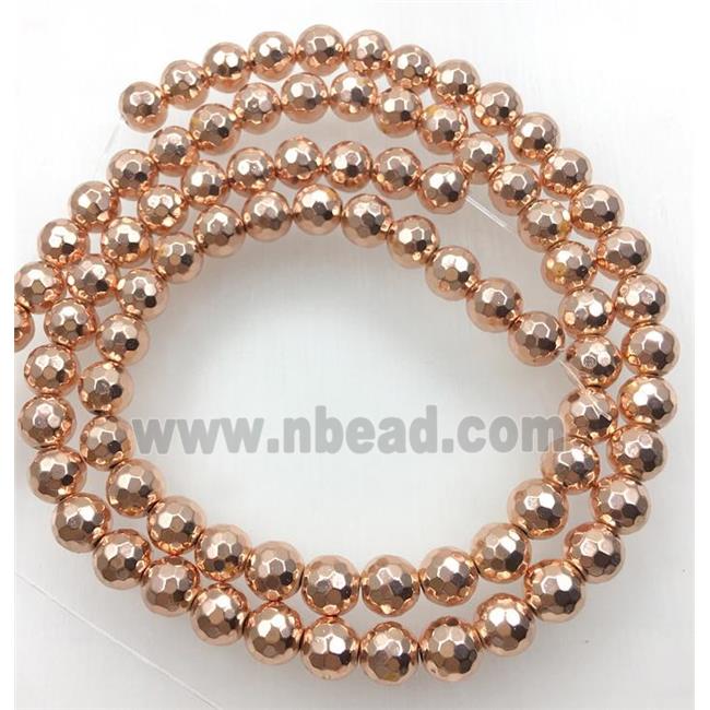 faceted round hematite beads, rose gold plated