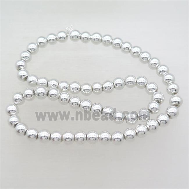 round Hematite Beads, shiny silver plated