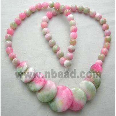 Jade Necklace, coin round, pink, 16" long
