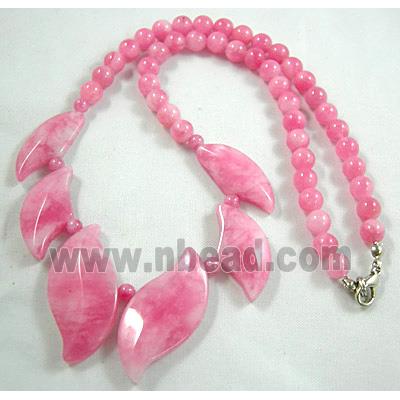 Jade Necklace, leaf, pink, 16" long