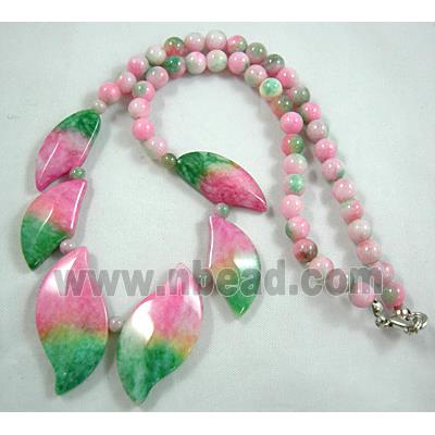 Jade Necklace, leaf, green/pink, 16"