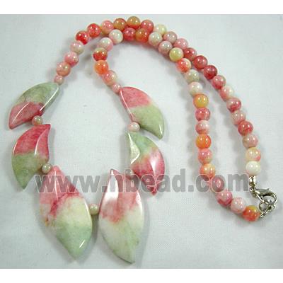 Jade Necklace, leaf, pink/white, 16"