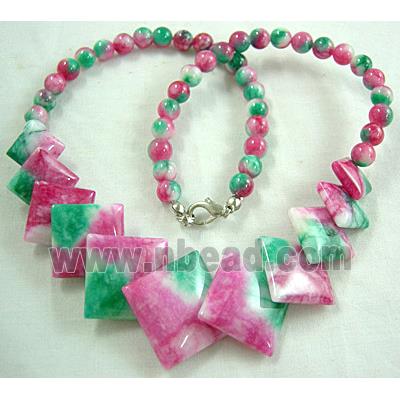 Jade Necklace, square, pink/green, 16"