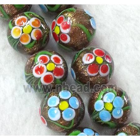 lampwork bead with flower and goldsand, round
