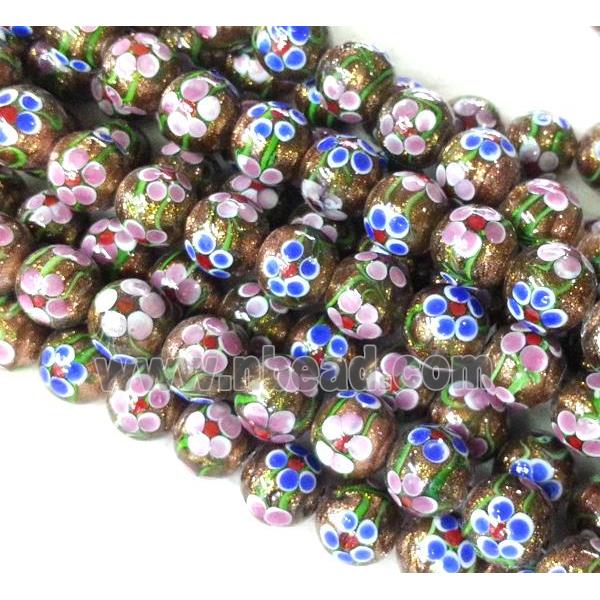 lampwork bead with flower and goldsand, round
