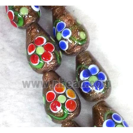 lampwork bead with flower and goldsand, teardrop