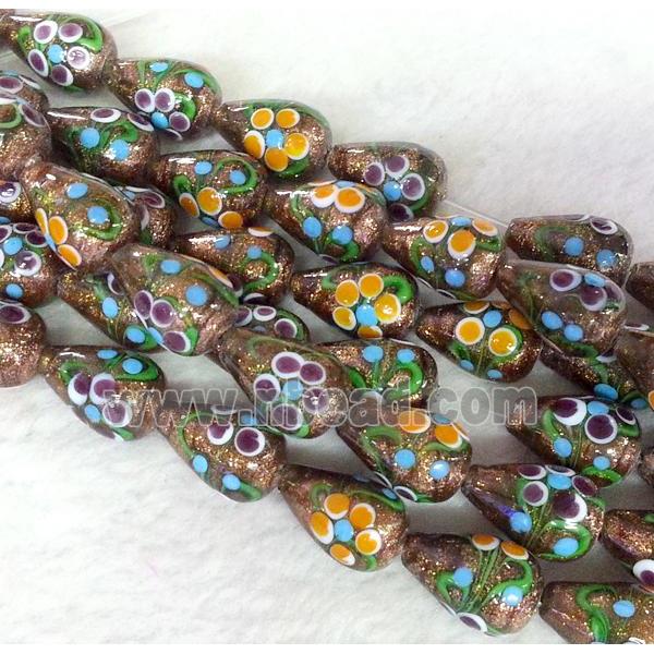 lampwork bead with flower and goldsand, teardrop