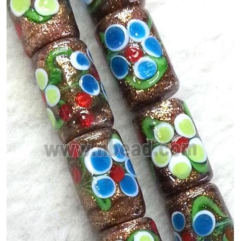 lampwork bead with flower and goldsand, round tube