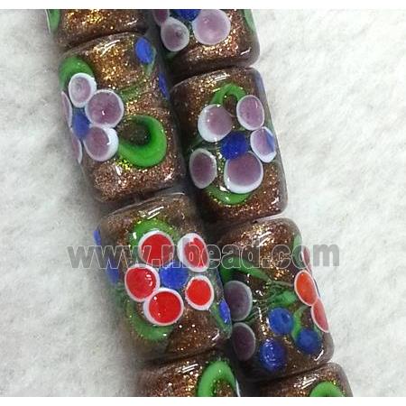 lampwork bead with flower and goldsand, round tube