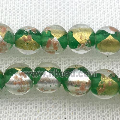 green Lampwork Glass Beads with foil, round