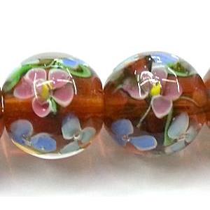 glass lampwork beads, round, flower, red