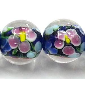 glass lampwork beads, round, flower, deep-blue
