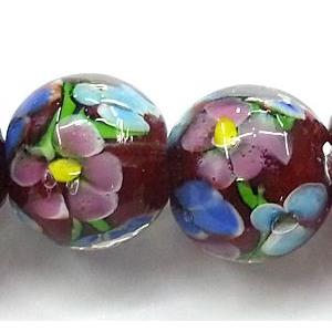 glass lampwork beads, round, flower, deep-red