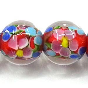 glass lampwork beads, round, flower, red