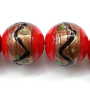 glass lampwork beads with goldsand, round, red