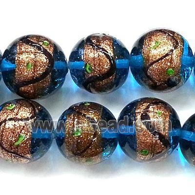 glass lampwork beads with goldsand, round, blue