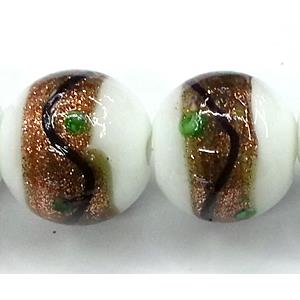 glass lampwork beads with goldsand, round, white