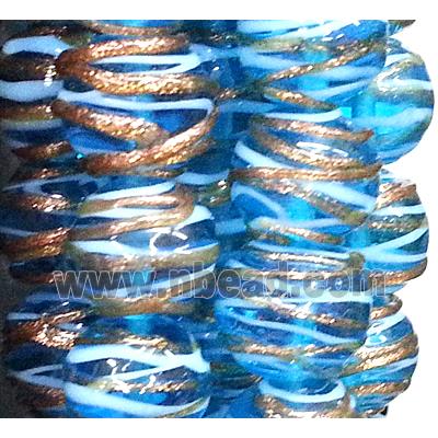 glass lampwork beads with goldsand line, round, blue