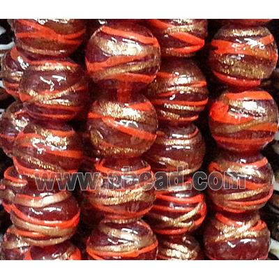 glass lampwork beads with goldsand line, round, red