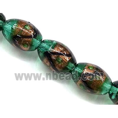 glass lampwork beads with goldsand, barrel, peacock-blue