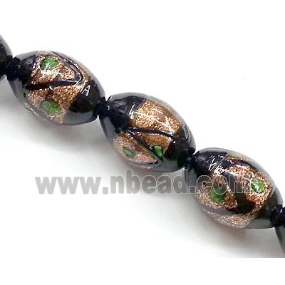 glass lampwork beads with goldsand, barrel, black