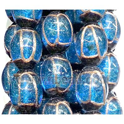 glass lampwork beads with goldsand line, barrel, blue
