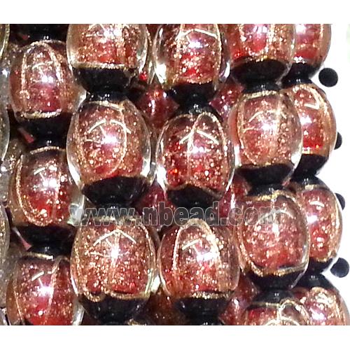 glass lampwork beads with goldsand line, barrel, red