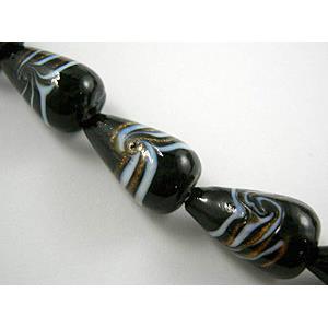 lampwork glass beads with swirl goldsand, teardrop, black