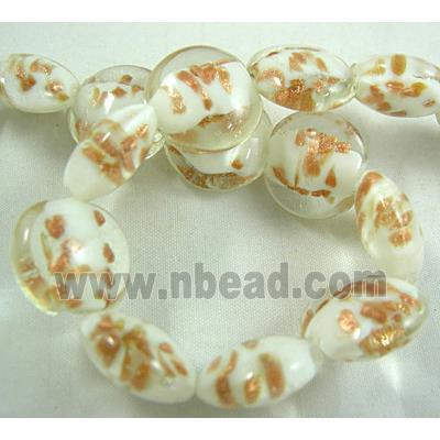 lampwork glass beads with goldsand, flat-round, white