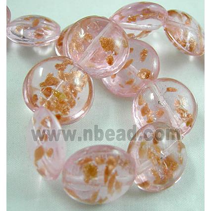 lampwork glass beads with goldsand, flat-round, pink