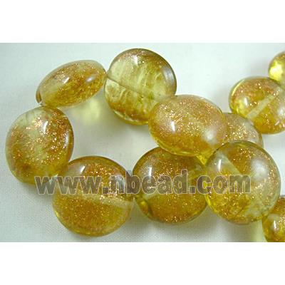 lampwork glass beads with goldsand, flat-round, yellow