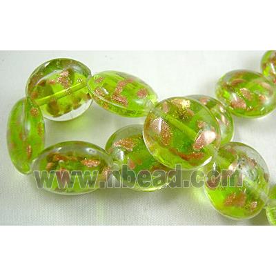 lampwork glass beads with goldsand, flat-round, green