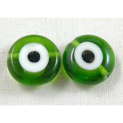 lampwork glass beads with evil eye, flat-round, green