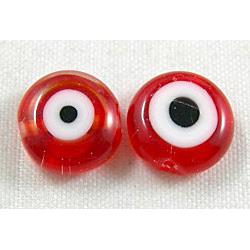 lampwork glass beads with evil eye, flat-round, red