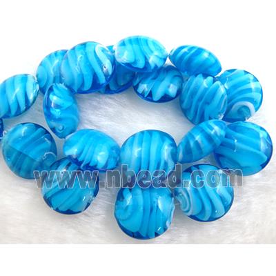 lampwork glass beads, flat-round, swirl line, blue