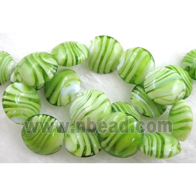 lampwork glass beads, flat-round, swirl line, green