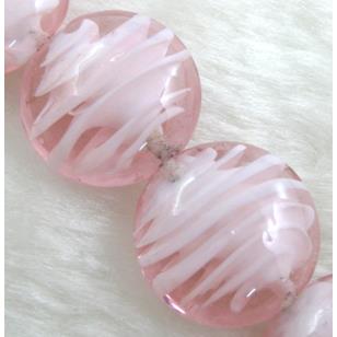 lampwork glass beads, flat-round, swirl line, pink