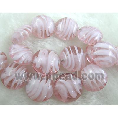 lampwork glass beads, flat-round, swirl line, pink