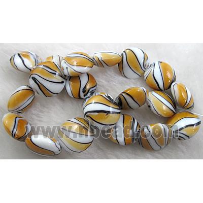 zebra lampwork glass beads, flat-round, yellow