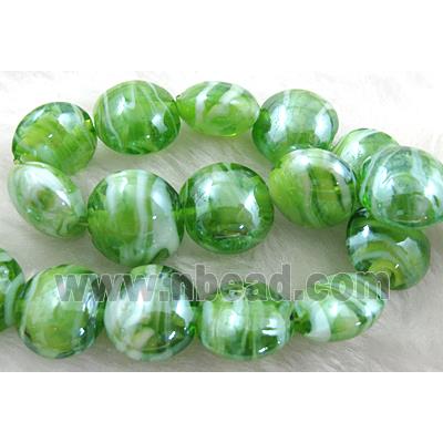Lampwork glass bead, flat round, green